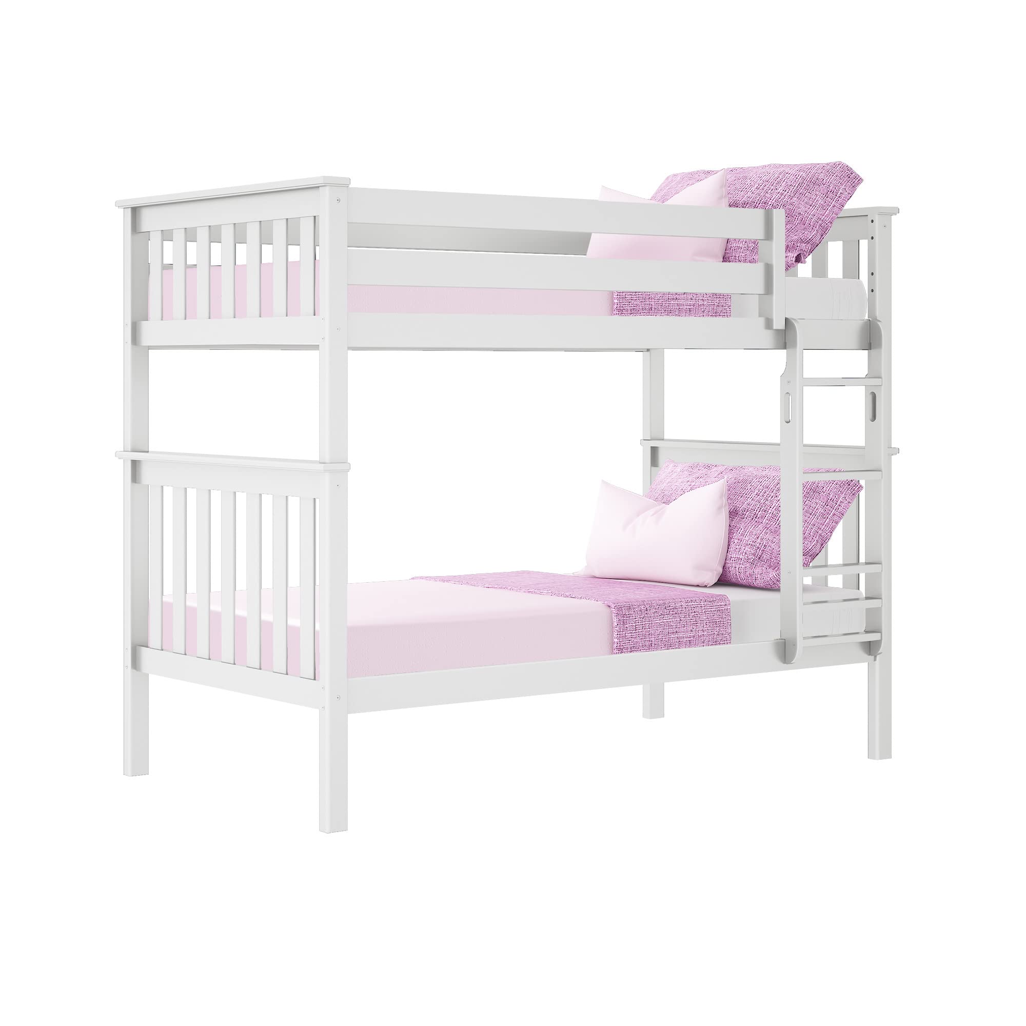 Max & Lily Twin over Twin Bunk Bed, Solid Wood Frame with Ladder, 14" Safety Guardrails, Easy Assembly, No Box Spring Needed, White