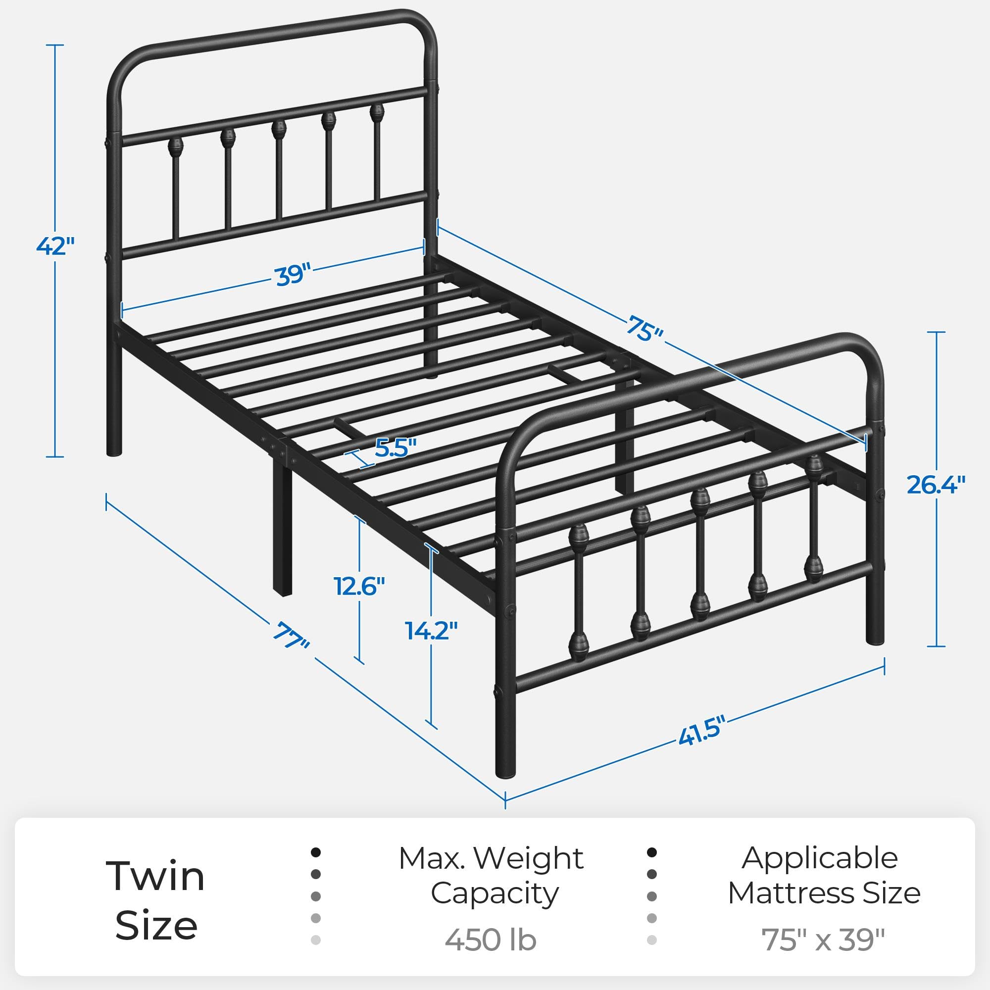 Yaheetech Classic Metal Platform Bed Frame Mattress Foundation with Victorian Style Iron-Art Headboard/Footboard/Under Bed Storage, No Box Spring Needed, Twin Size, Black
