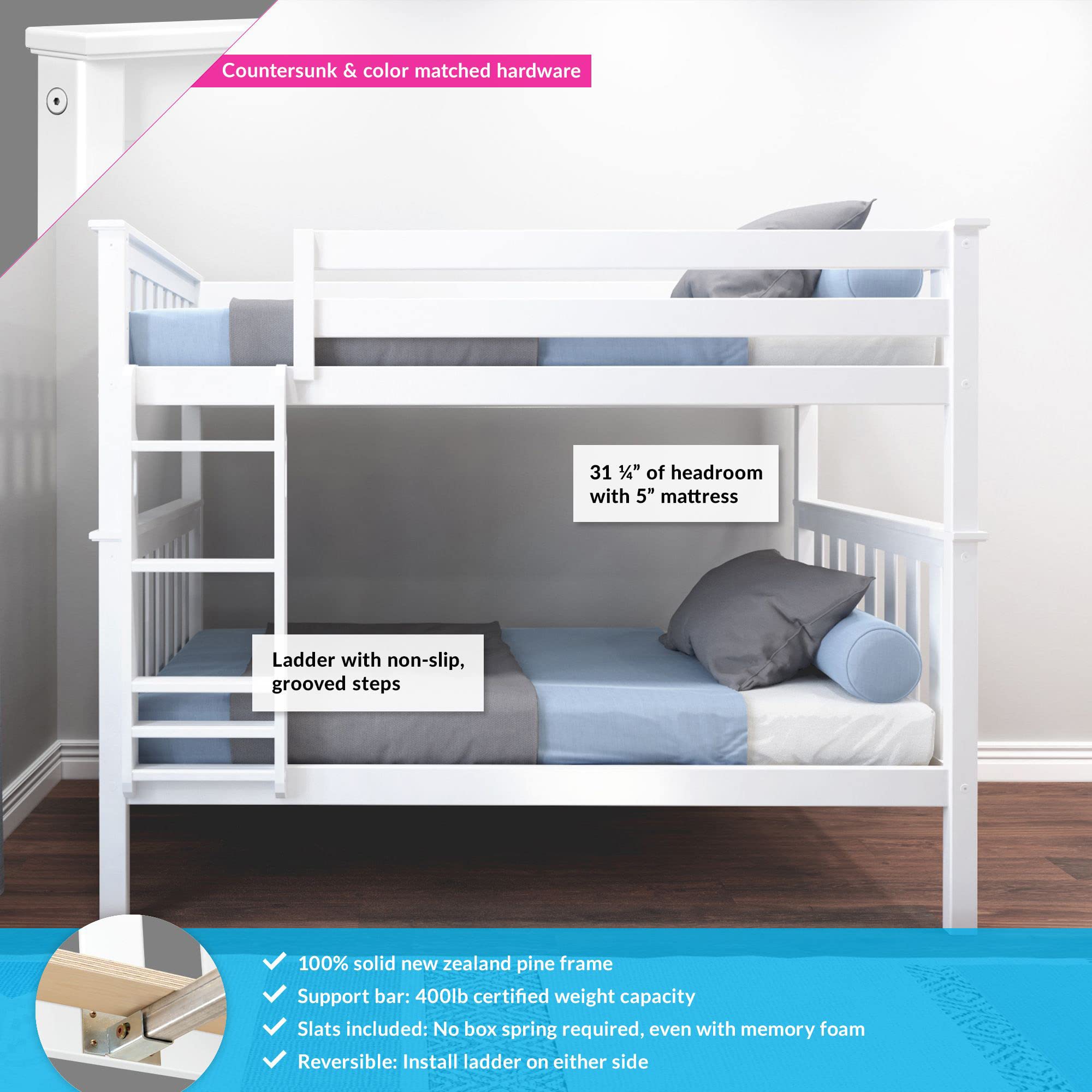 Max & Lily Twin over Twin Bunk Bed, Solid Wood Frame with Ladder, 14" Safety Guardrails, Easy Assembly, No Box Spring Needed, White