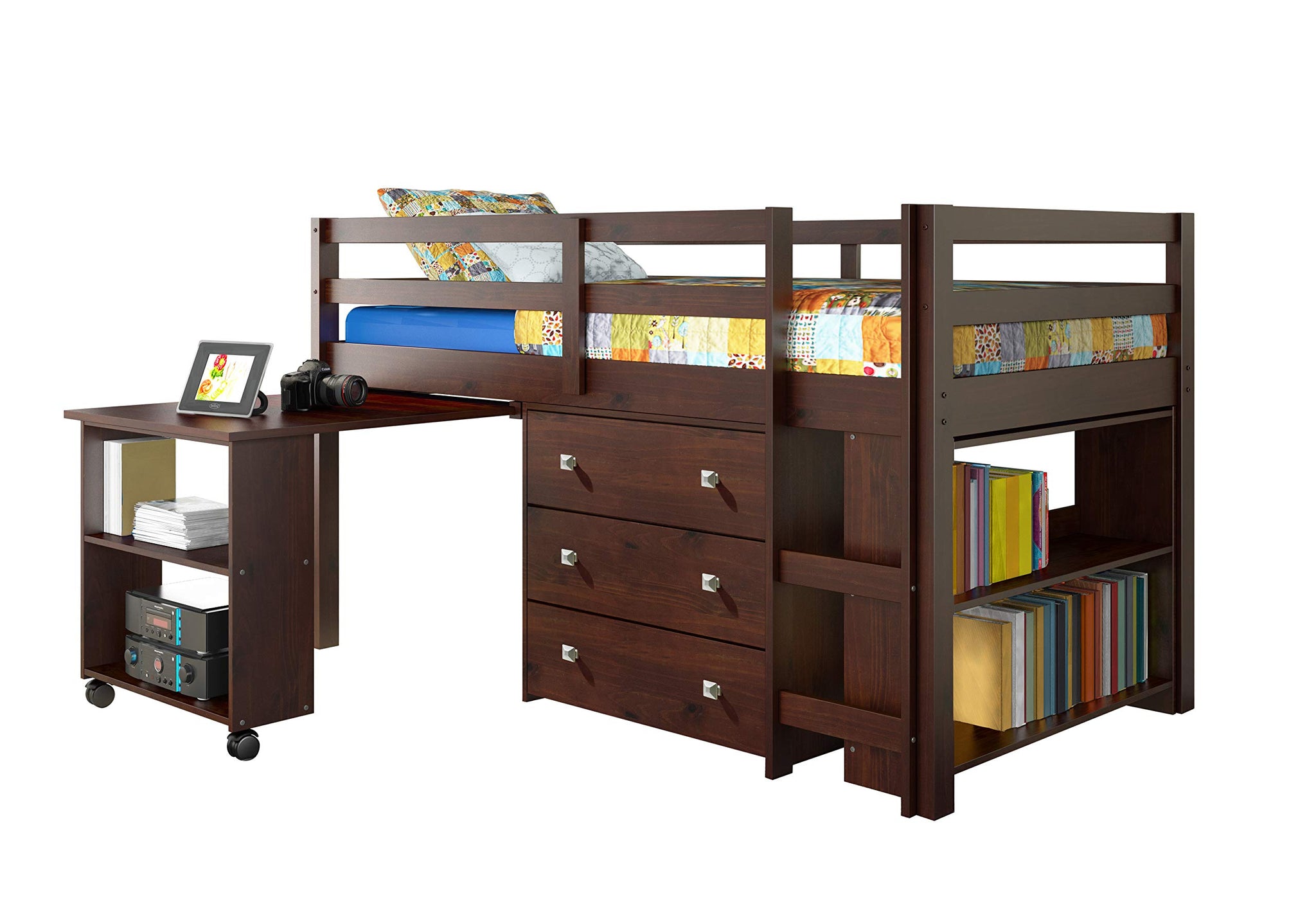 Donco Kids Study & Sleep Twin Cappuccino Low Loft Bed with Desk and Storage Space